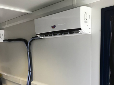 This is a temporary install we did recently for a large sporting event taking place this summer! The split Air Conditioning units were installed into a portacabin being used for IT in the run up and during the event. The pipework would normally be covered, however due to it being ‘behind the scenes’ our client was happy for it to be left exposed.